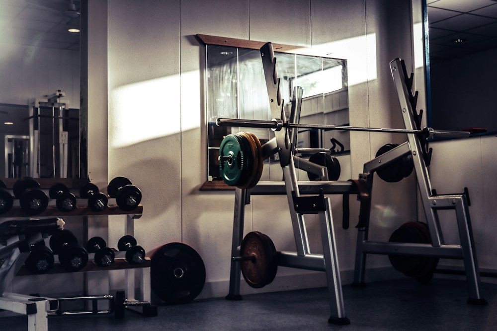 Equipamentos modernos e anilhas dispostas em layout ergonômico de academia contemporânea