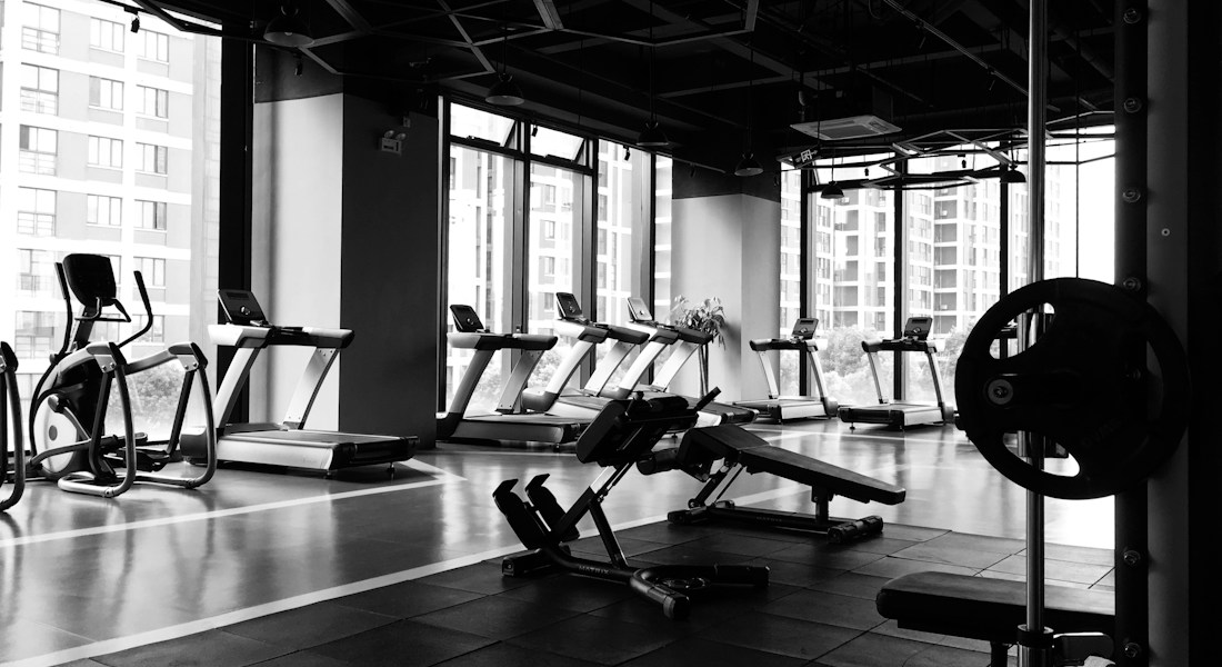 Fileira de esteiras e equipamentos de cardio em academia moderna com iluminação profissional