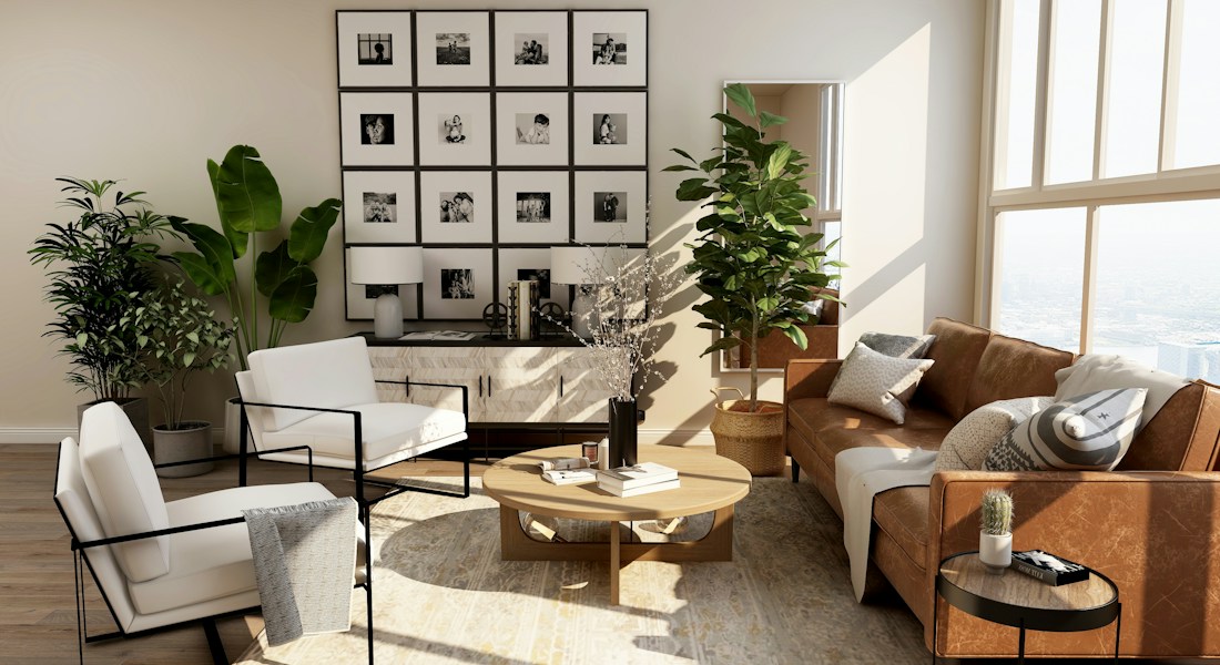 Living integrado e varanda gourmet com vista panorâmica para apresentação imobiliária
