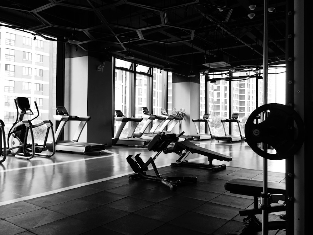 Sala moderna de cardio e esteiras em academia iluminada com alto padrão de organização